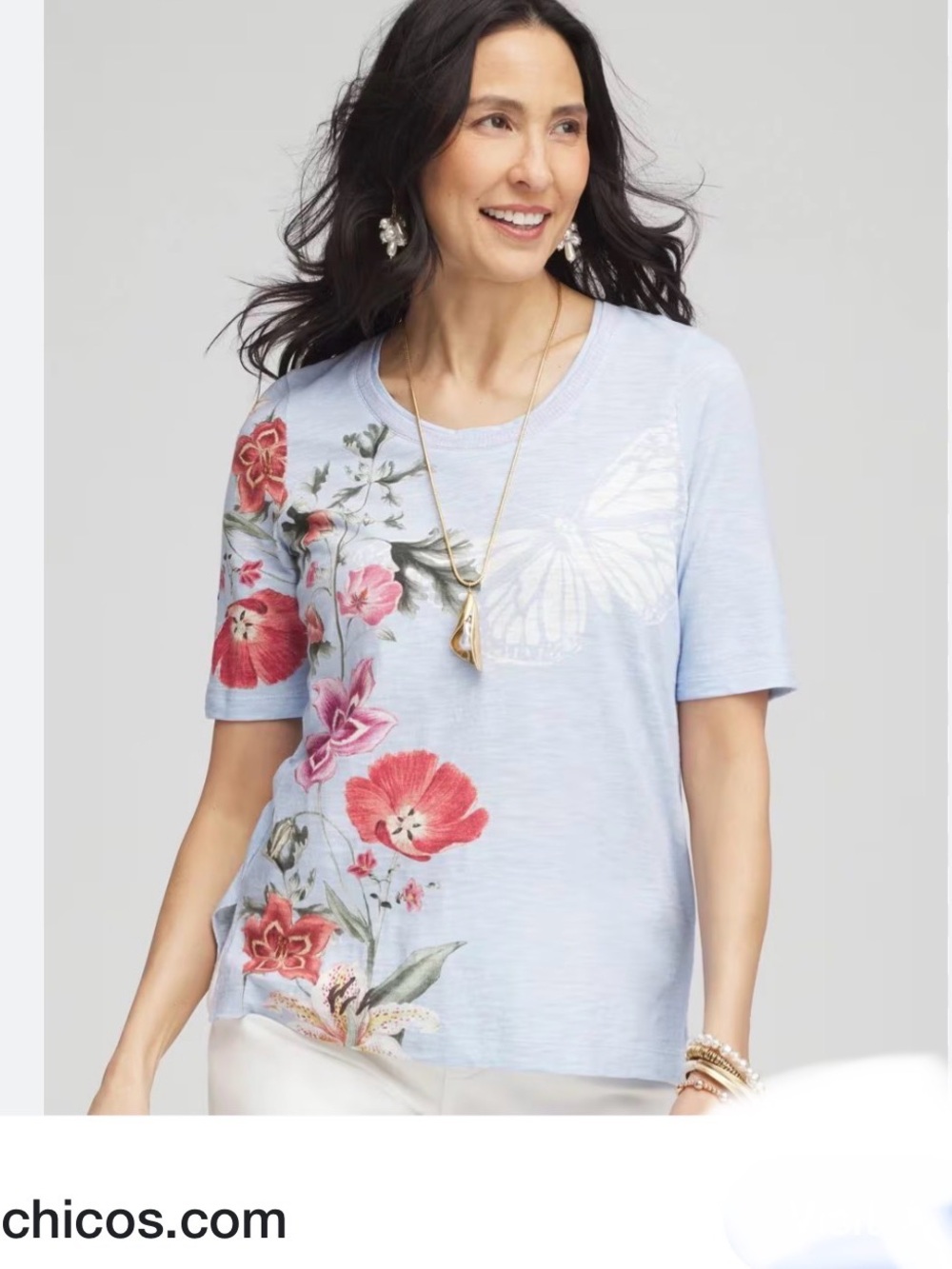 Chico's Light Blue Floral & Butterfly Short Sleeve Tee